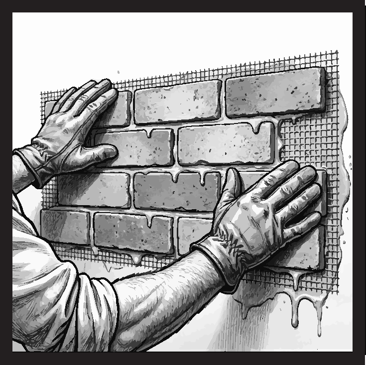 Step 2 Installing EZ Brick Panels: Firmly pressing EZ Brick mesh panel into combed adhesive